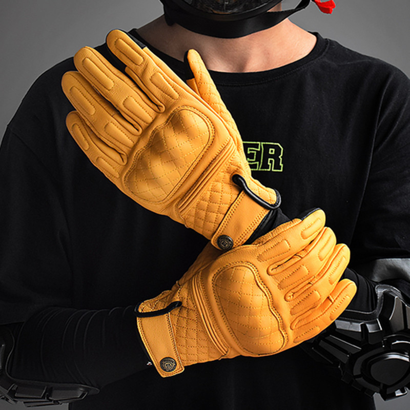 Motorcycle Gear Yellow - Retro Leather Motorcycle Gloves Full Finger